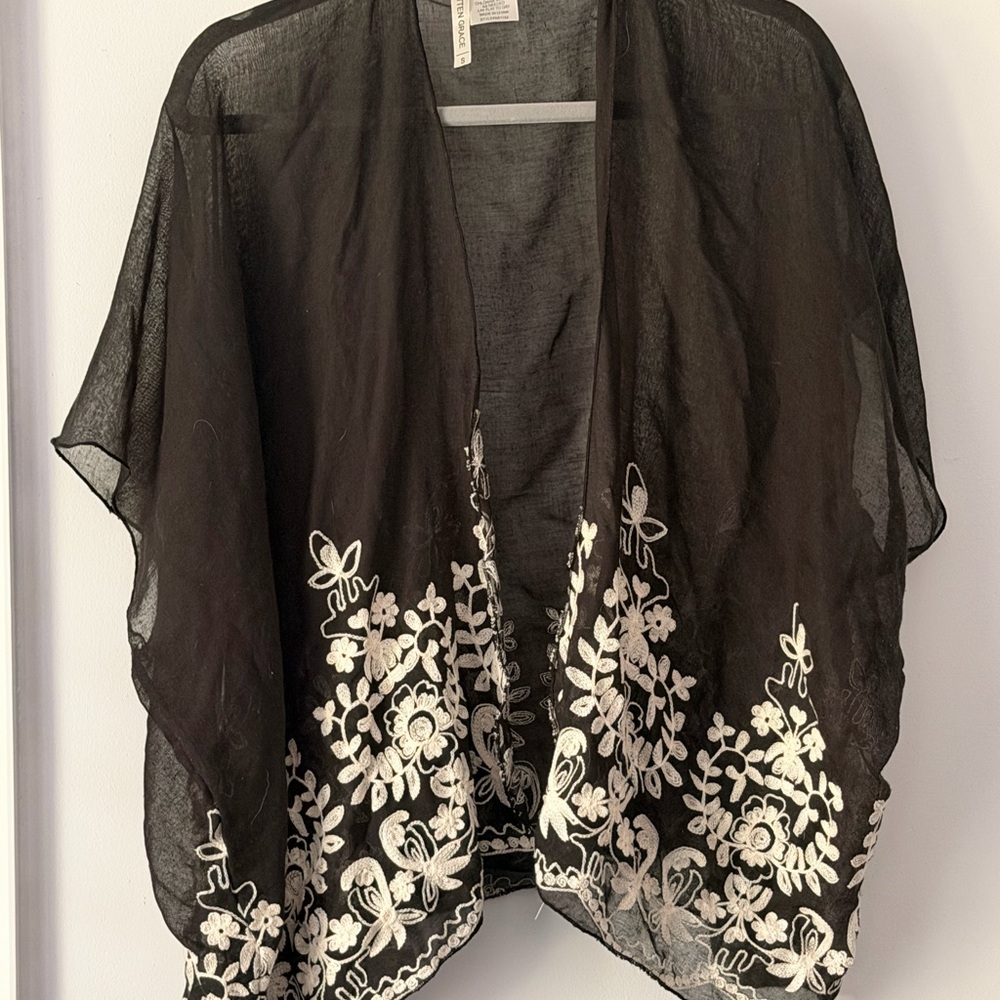 Black Sheer Embroidered Kimono Cover-Up